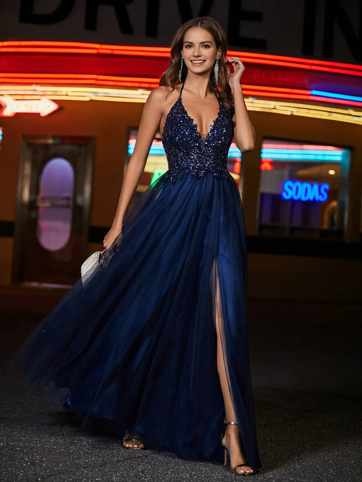 Navy Blue floor-length prom dress, alternate view showing the overall dress design