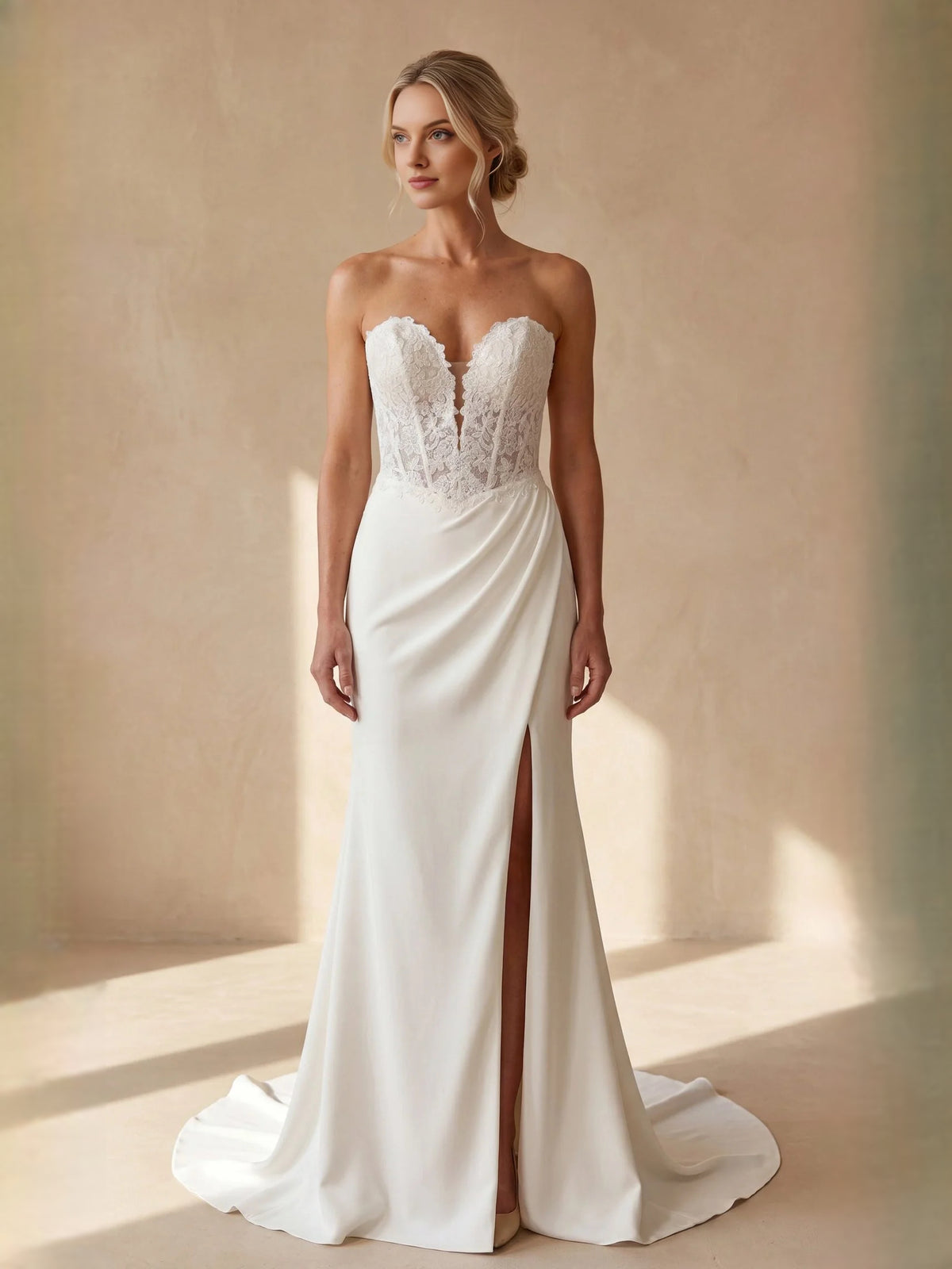 Ivory floor-length wedding dress, alternate view showing the overall dress design