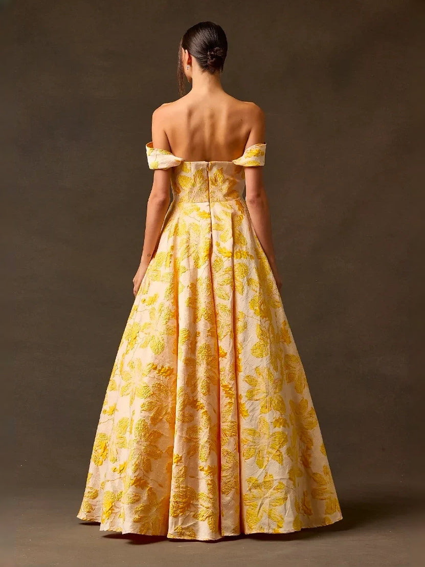 Yellow maxi prom dress, alternate view showing the overall dress design