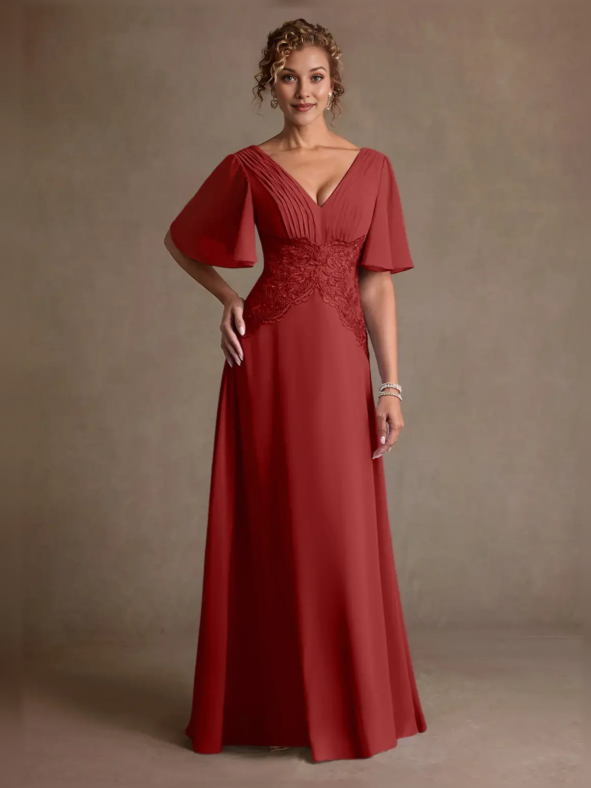 Rust floor-length mother of the bride dress, alternate view showing the overall dress design