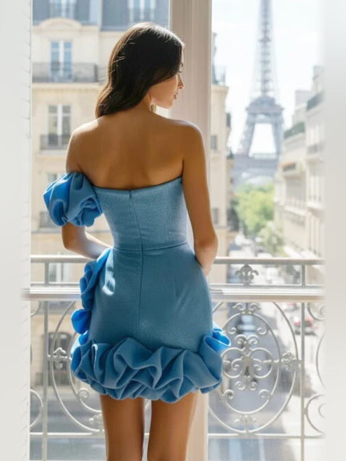 Rose Gold mini homecoming dress, alternate view showing the overall dress design