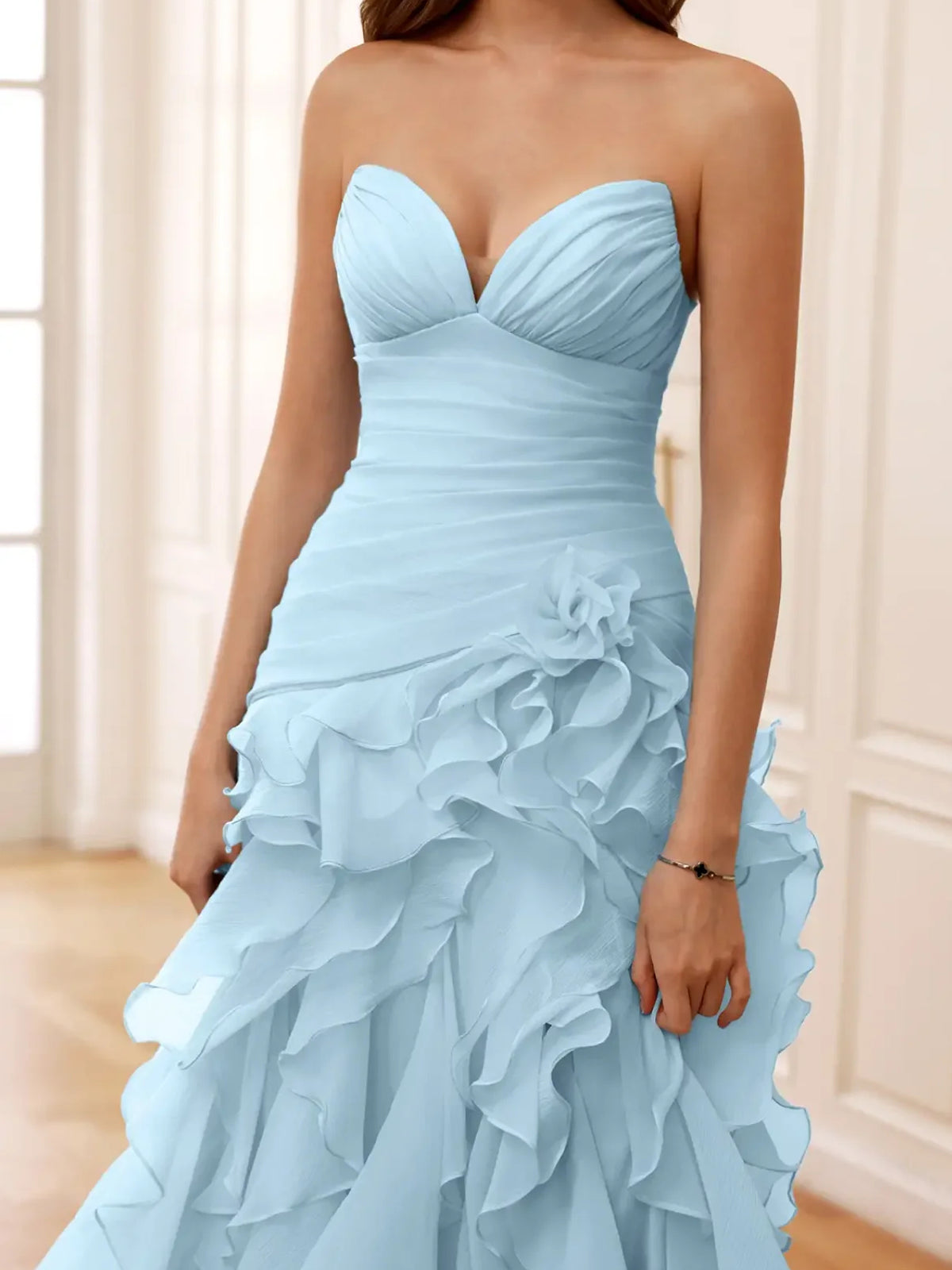 Sky Blue a-line floor-length formal dress with ruffle details, alternate view