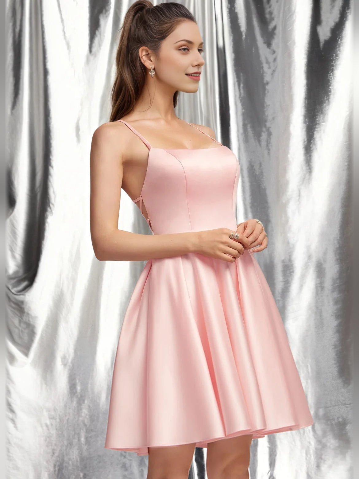 Pearl Pink mini homecoming dress, alternate view showing the overall dress design