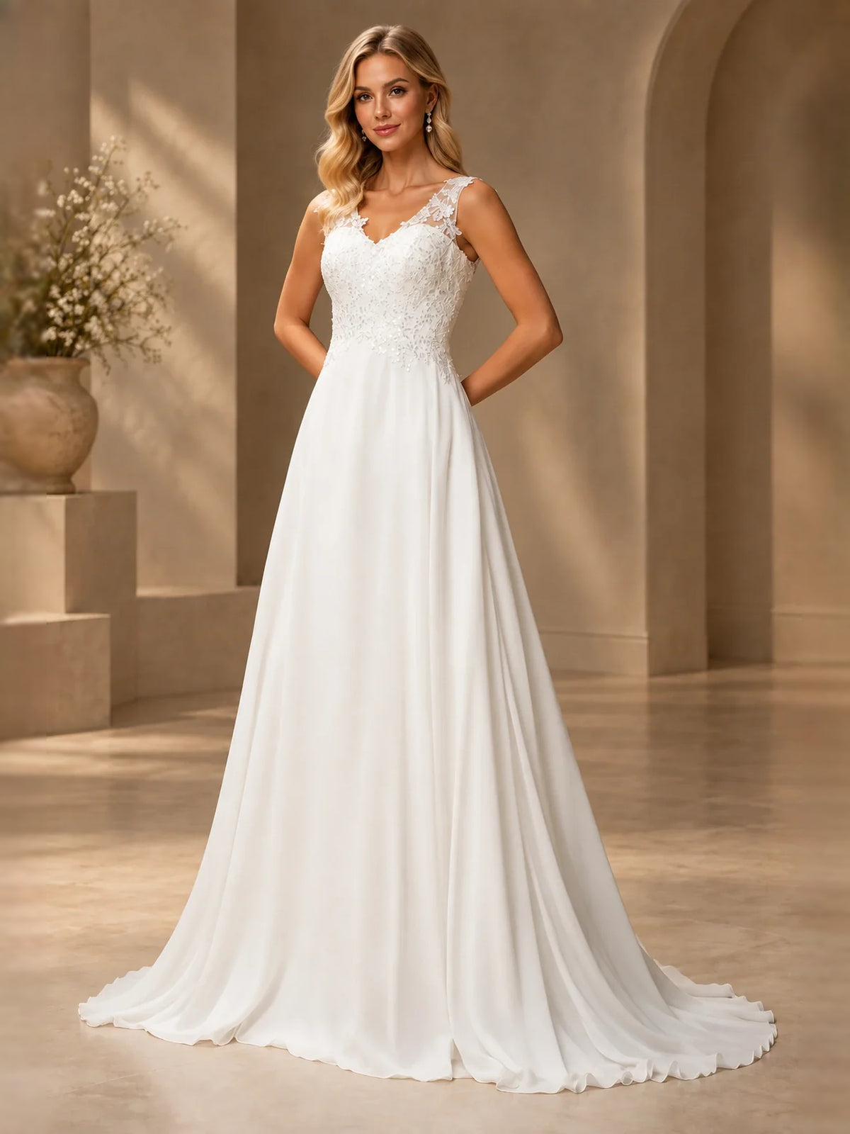 White floor-length wedding dress, alternate view showing the overall dress design