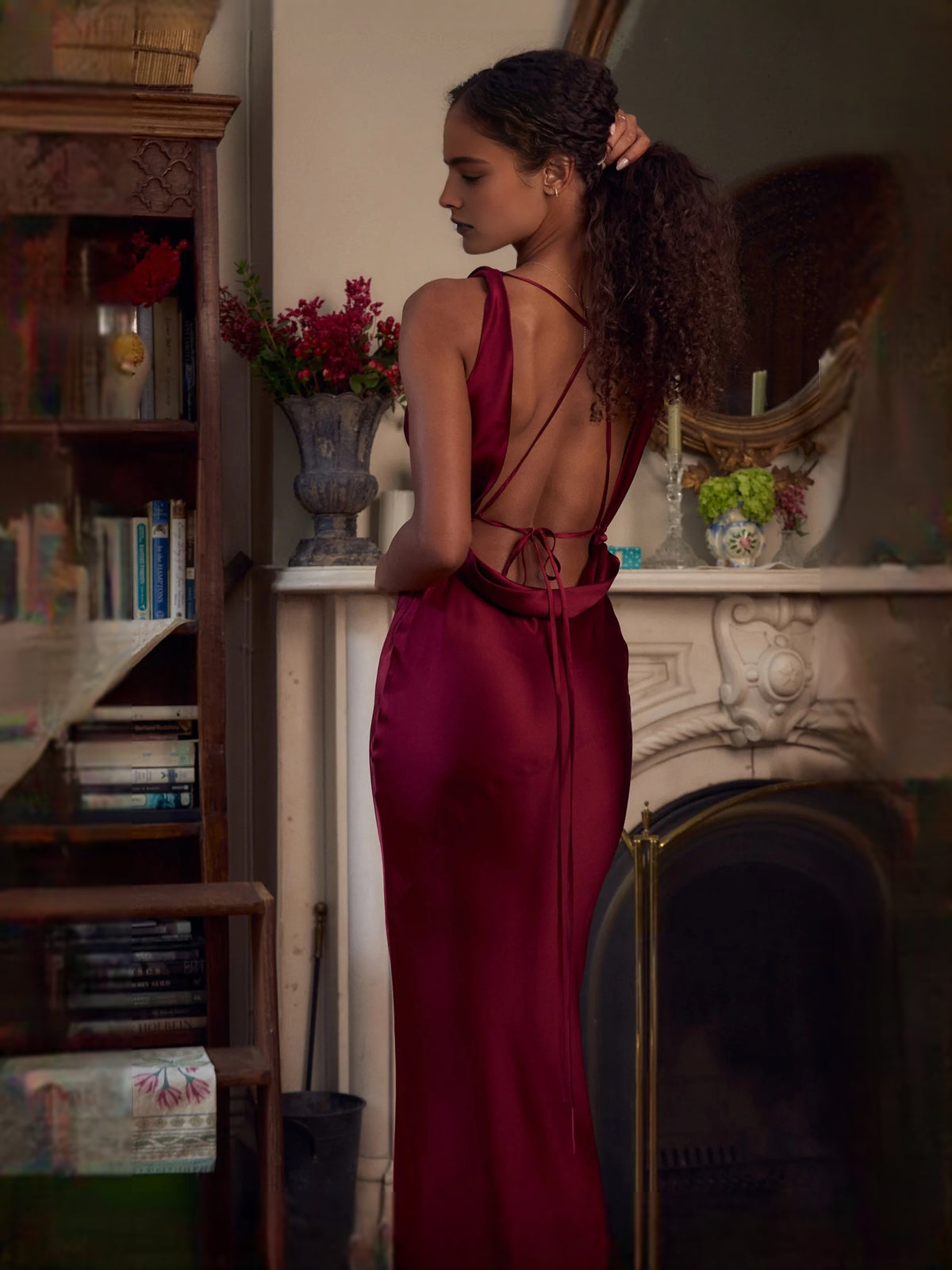 Red floor-length prom dress, alternate view showing the overall dress design