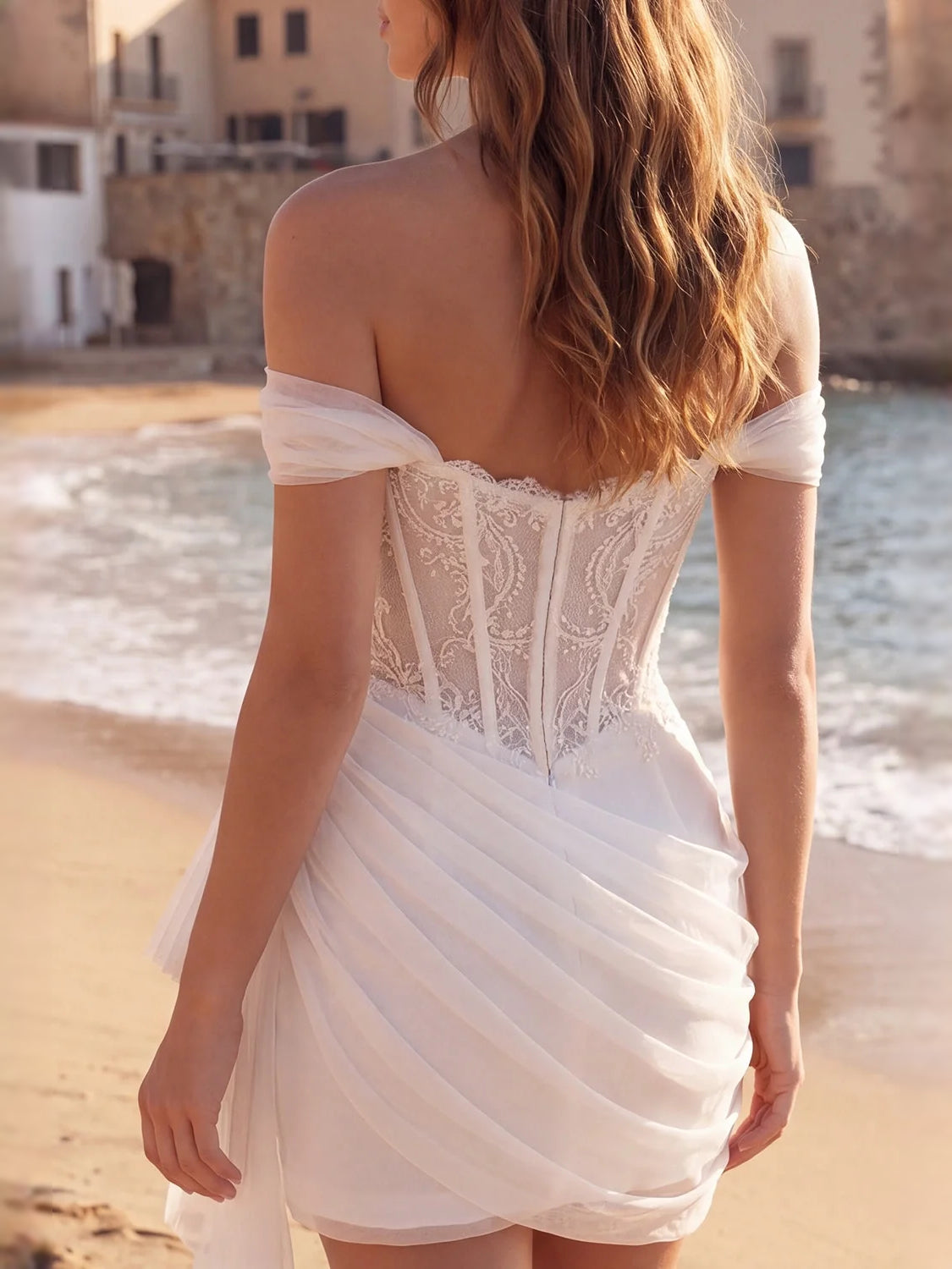 Ivory mini wedding dress, alternate view showing the overall dress design