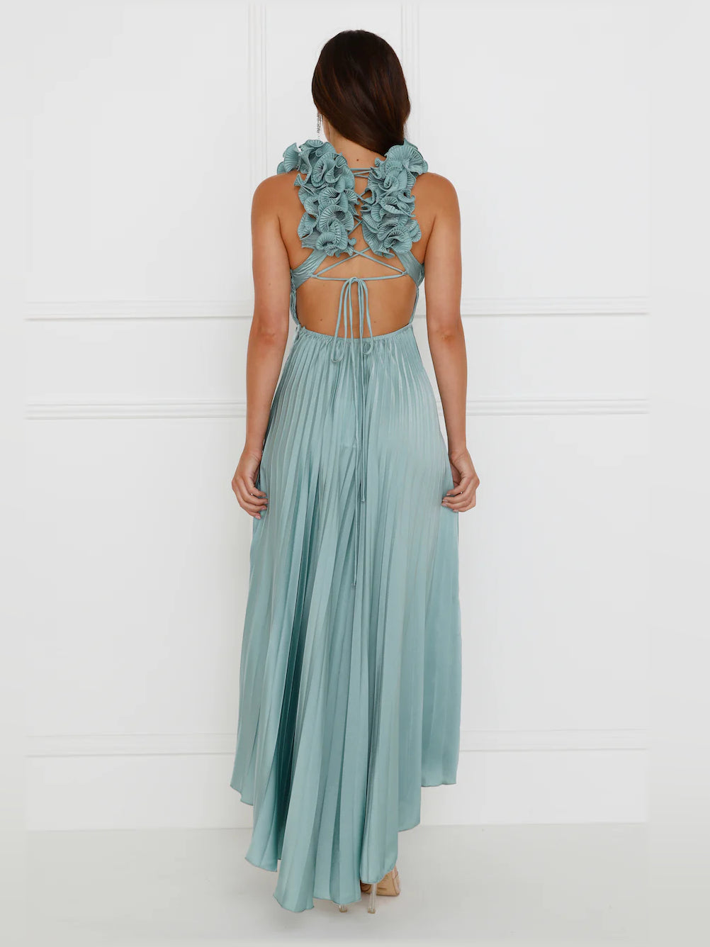 Sage midi formal dress, alternate view showing the waist