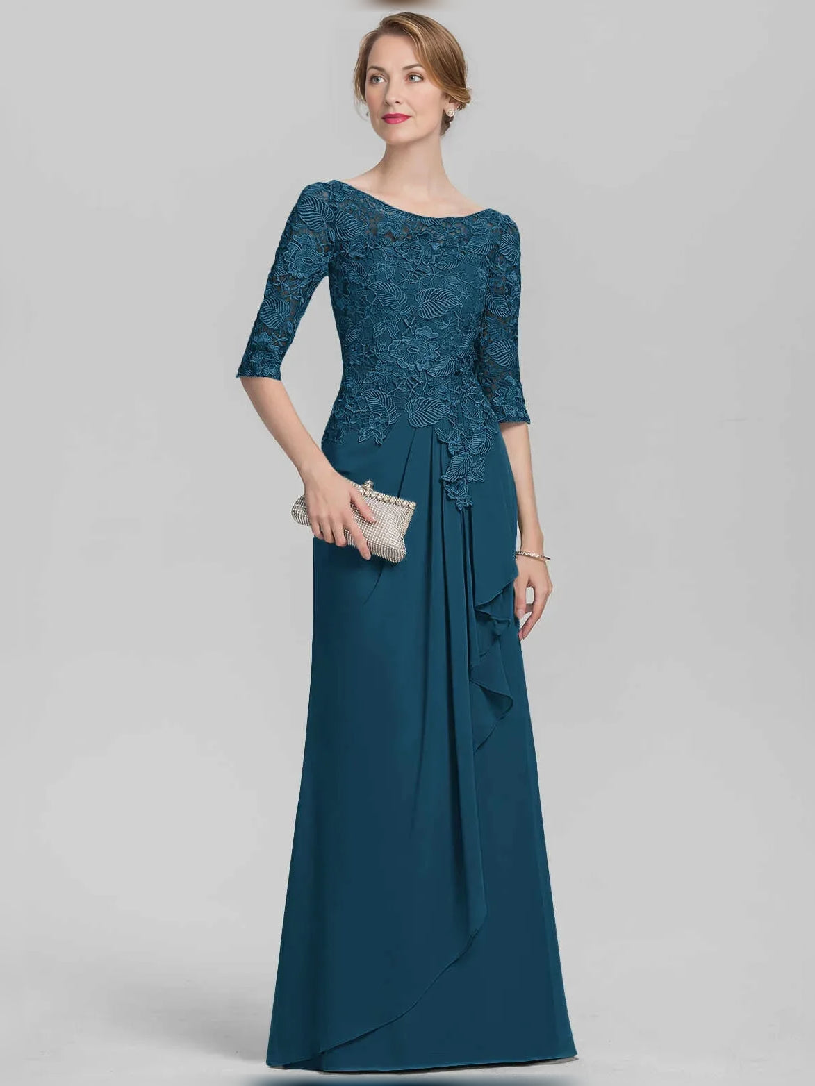 Dark Blue floor-length mother of the bride dress, alternate view showing the overall dress design