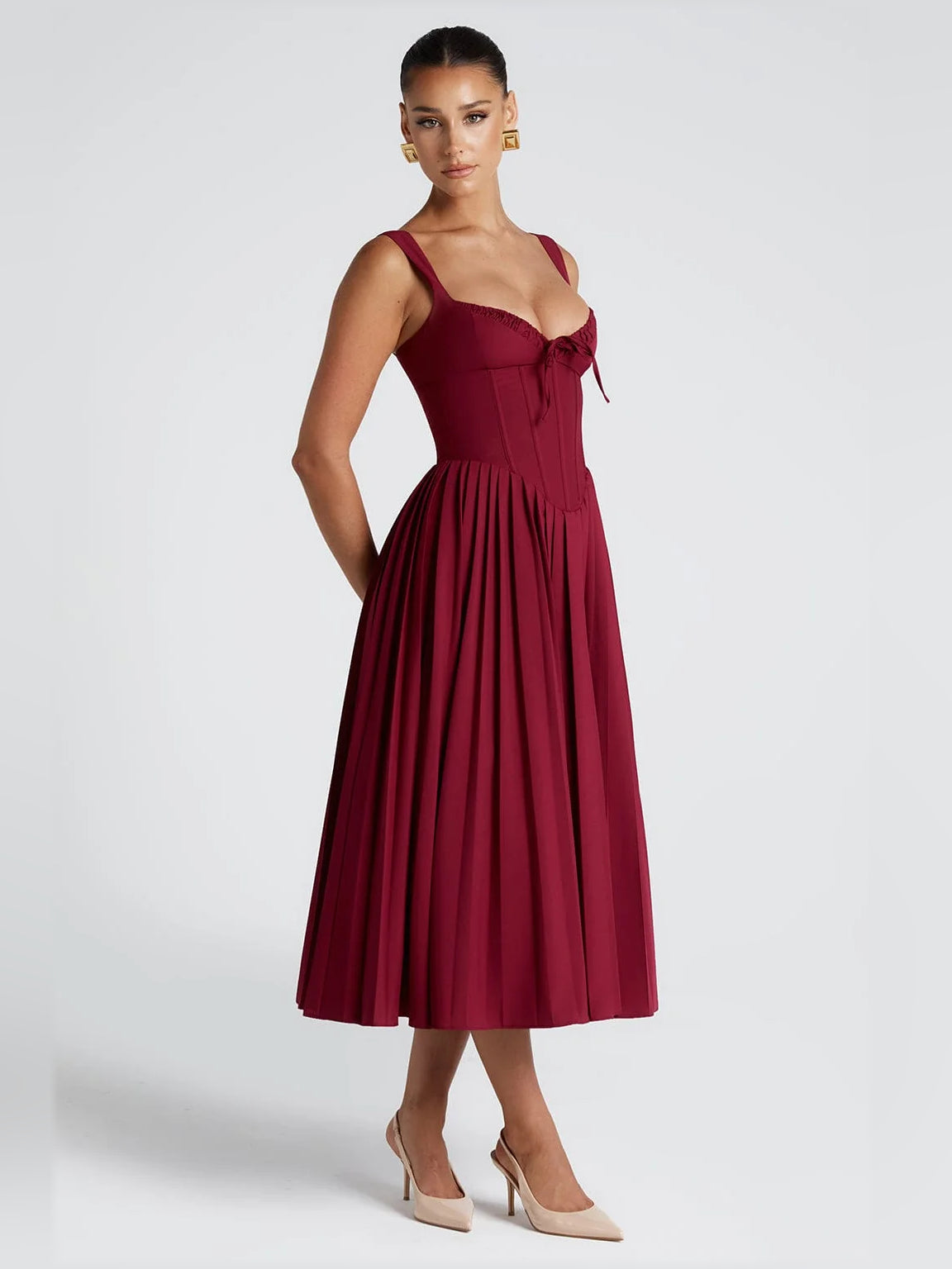 Berry midi formal dress, alternate view showing the waist