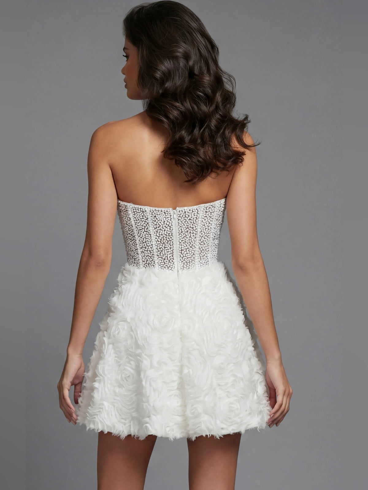 Ivory mini homecoming dress, alternate view showing the overall dress design