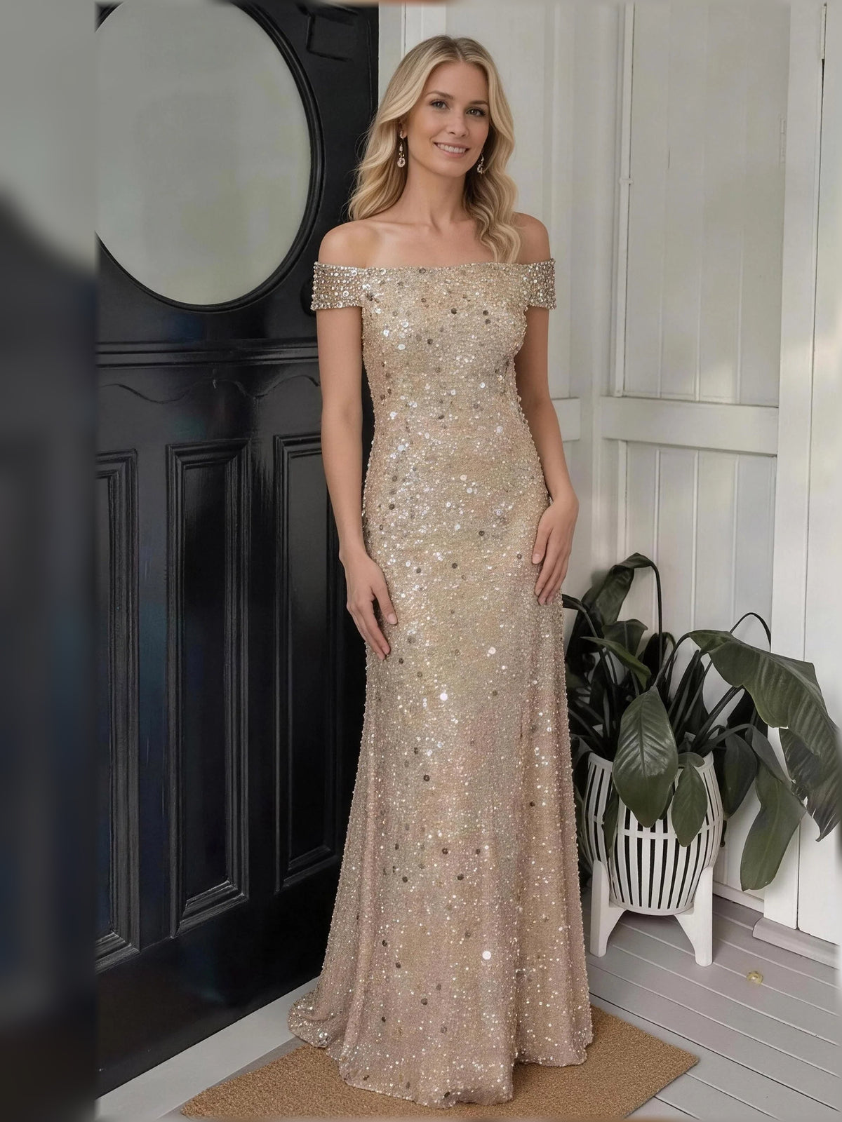 Champagne short mother of the bride dress, alternate view showing the overall dress design