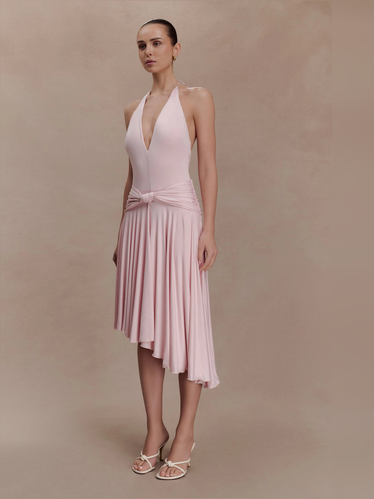 Pink midi formal dress, alternate view showing the waist