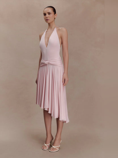 Pink midi formal dress, alternate view showing the waist