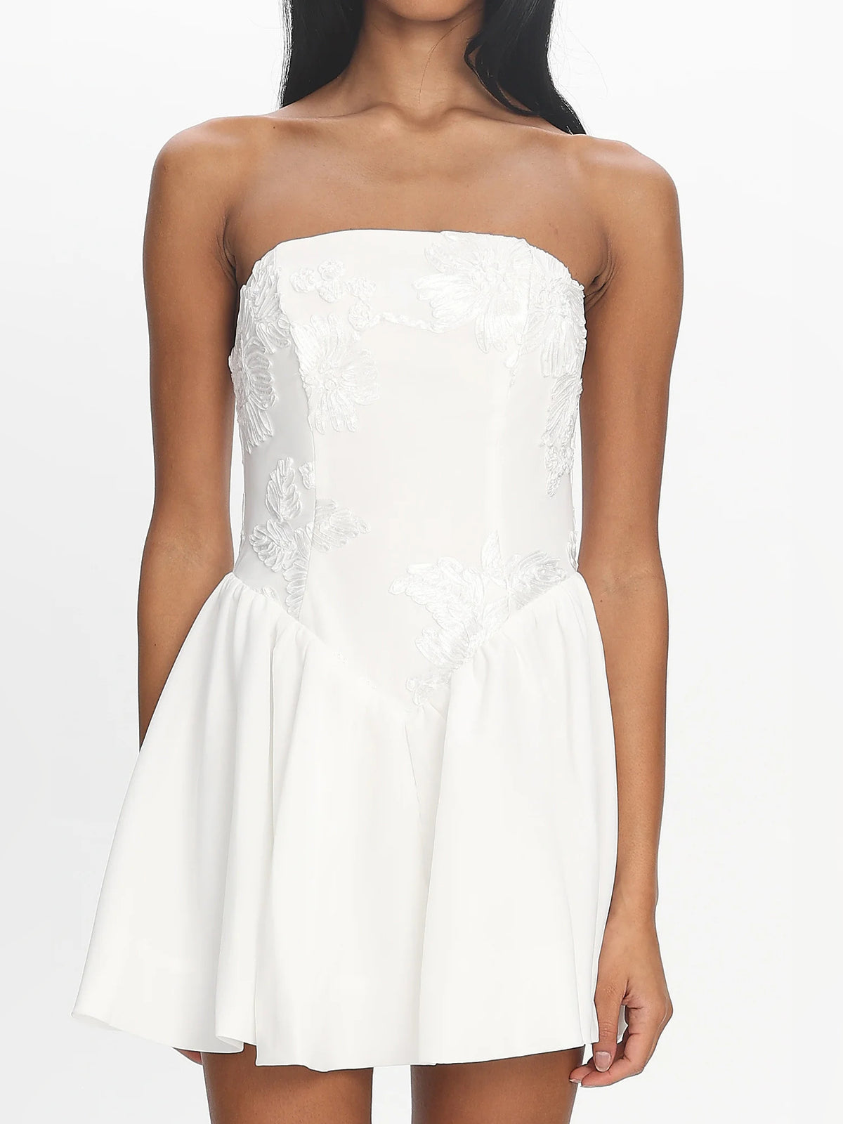 White mini homecoming dress, alternate view showing the overall dress design