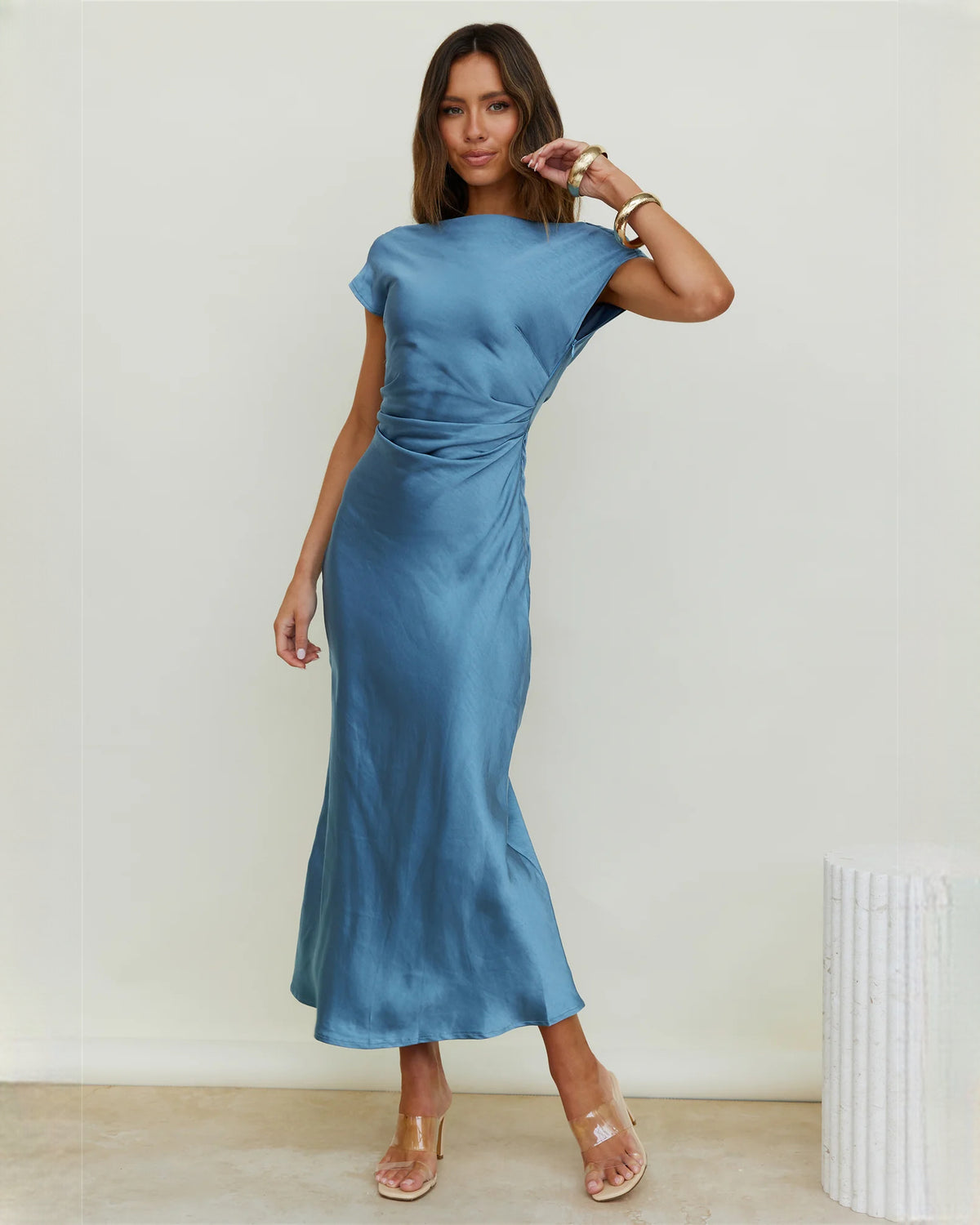 sleeveless satin a-line maxi bridesmaid dress - image 4