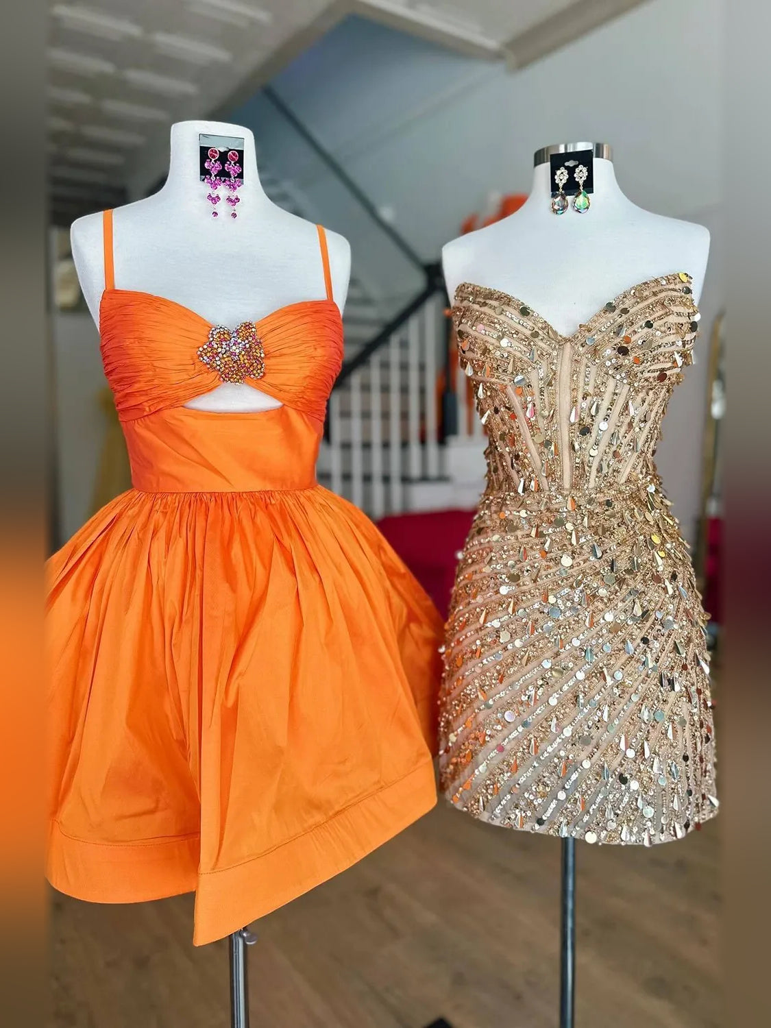 Gold short homecoming dress, alternate view showing the overall dress design