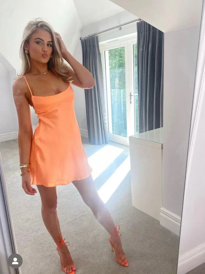 Orange mini homecoming dress, alternate view showing the overall dress design