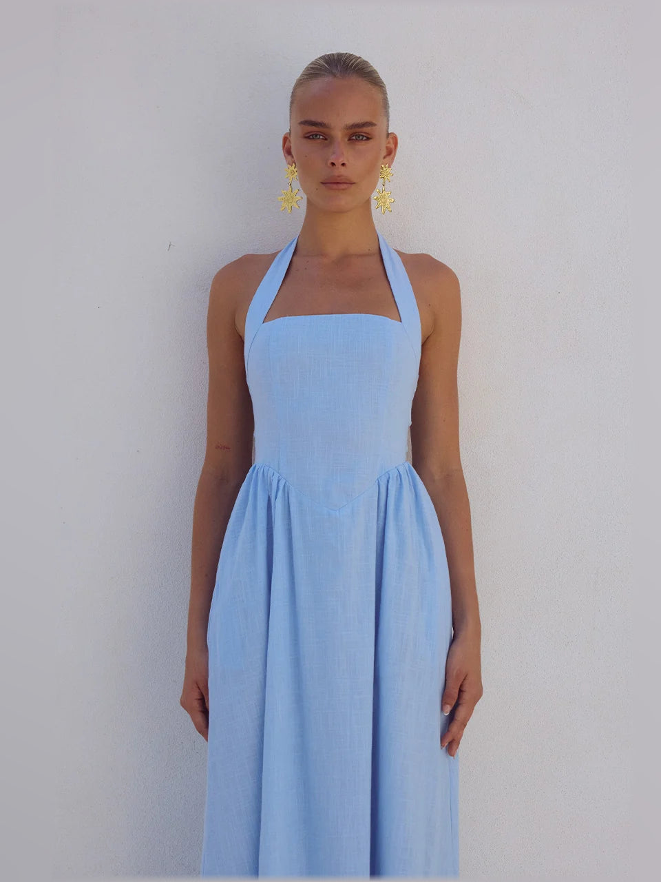 ICE BLUE a-line midi formal dress with halter neckline, alternate view showing the waist