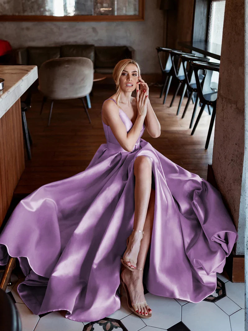 Pink a-line floor-length formal dress with skirt slit, alternate view showing the waist