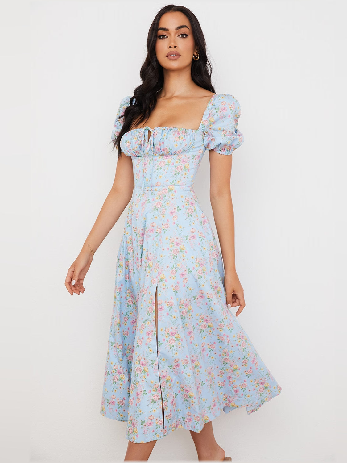 Floral midi formal dress with floral print, alternate view showing the waist
