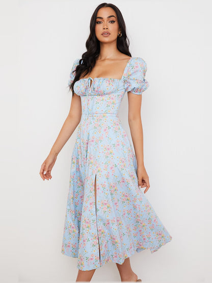 Floral midi formal dress with floral print, alternate view showing the waist