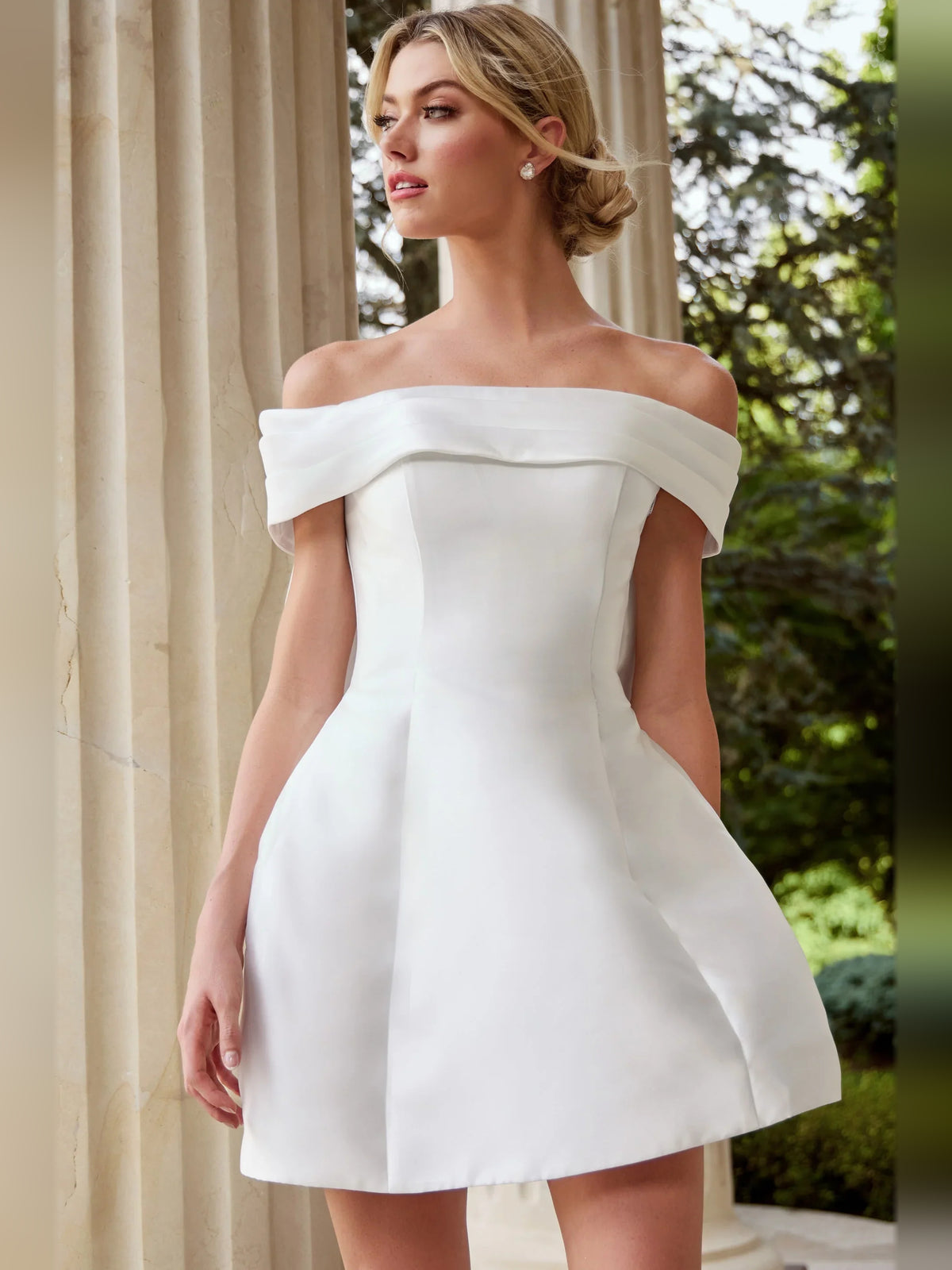 Ivory mini homecoming dress, alternate view showing the overall dress design