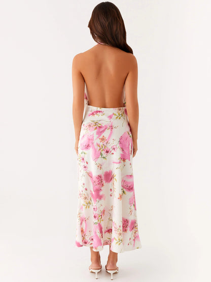 Ivory Floral midi formal dress with floral print, alternate view showing the waist