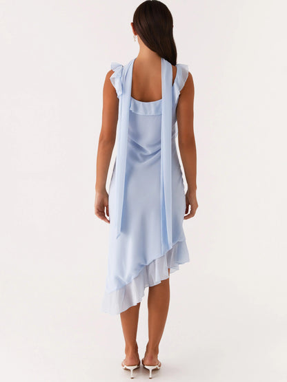 Blue midi formal dress, alternate view showing the waist