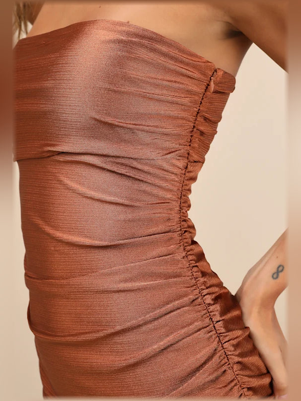 Brown midi formal dress with ruching, alternate view showing the waist