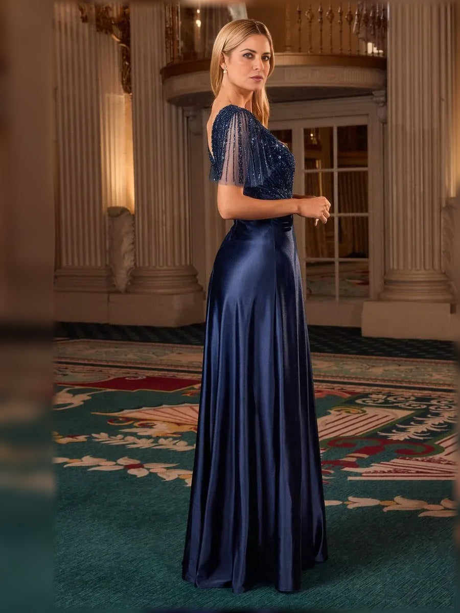 Navy Blue floor-length mother of the bride dress, alternate view showing the overall dress design
