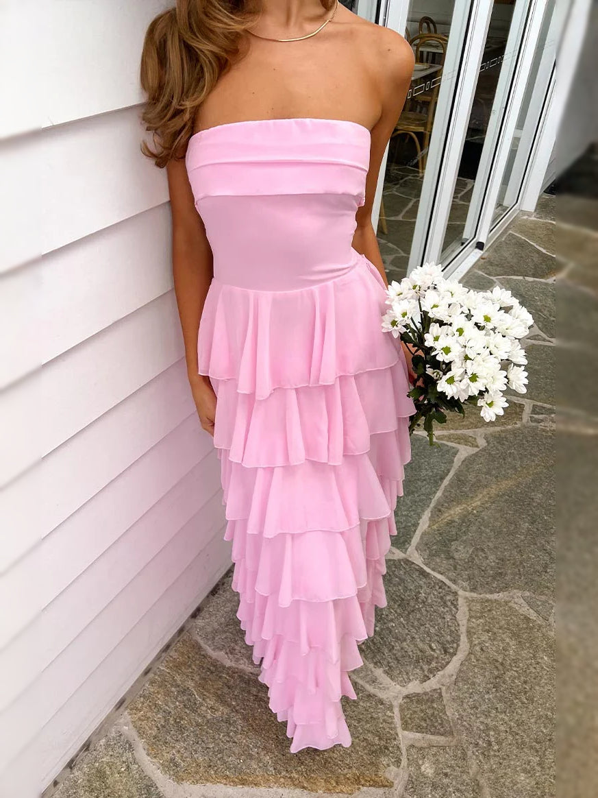 Pink maxi prom dress, alternate view showing the overall dress design