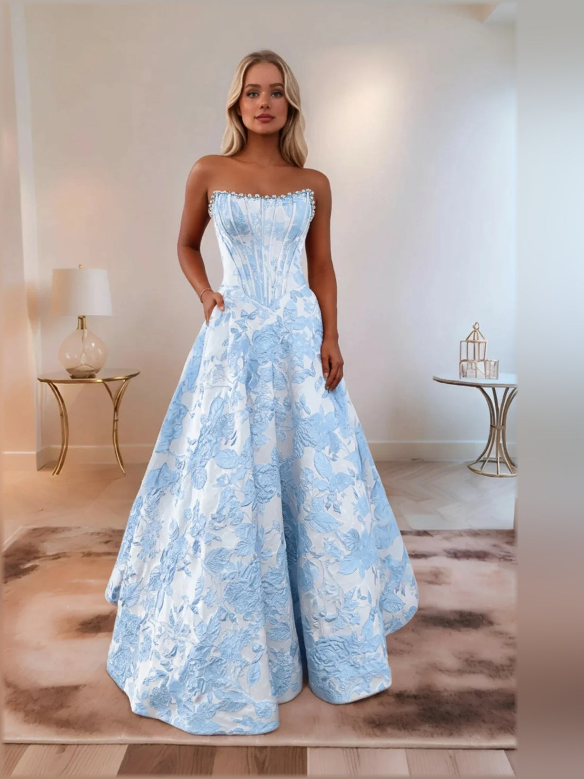 Blue a-line floor-length formal dress with corset-style bodice, alternate view