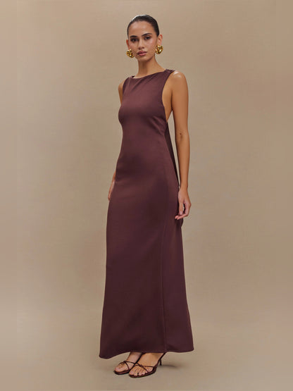 Brown midi formal dress, alternate view showing the waist
