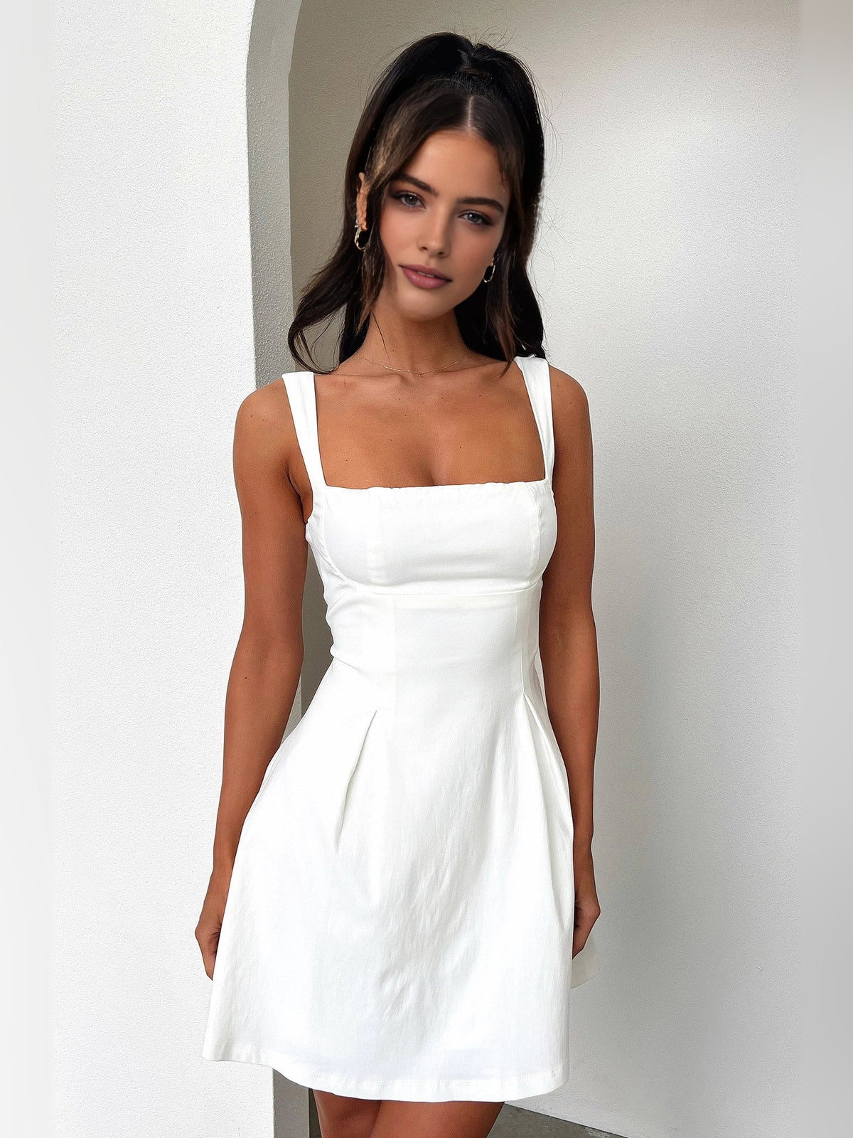 Ivory white mini homecoming dress, alternate view showing the overall dress design
