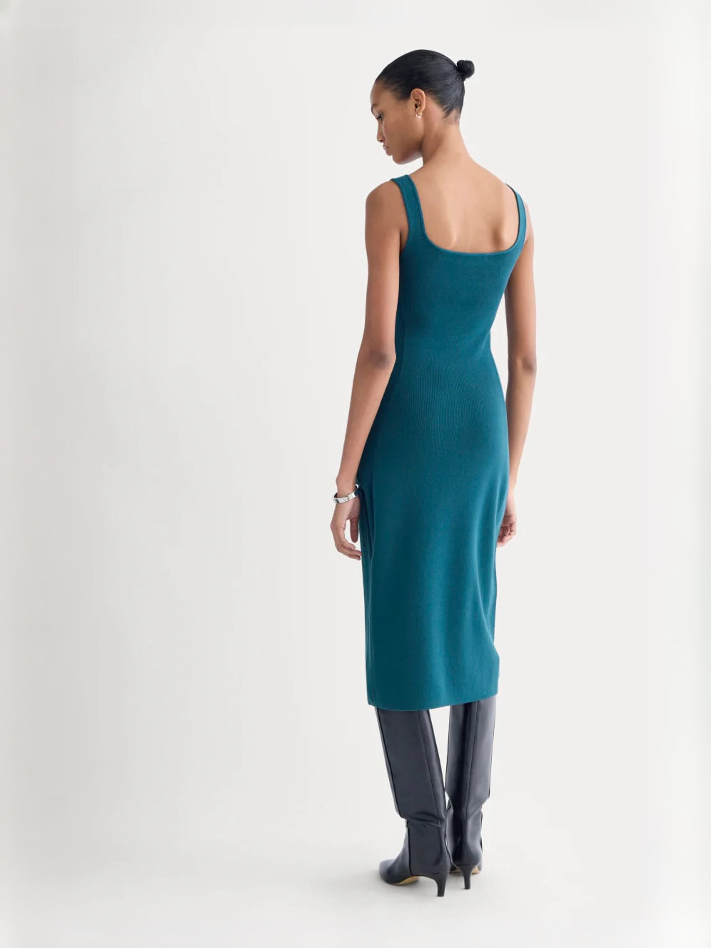 Teal midi formal dress with square neckline, alternate view showing the waist