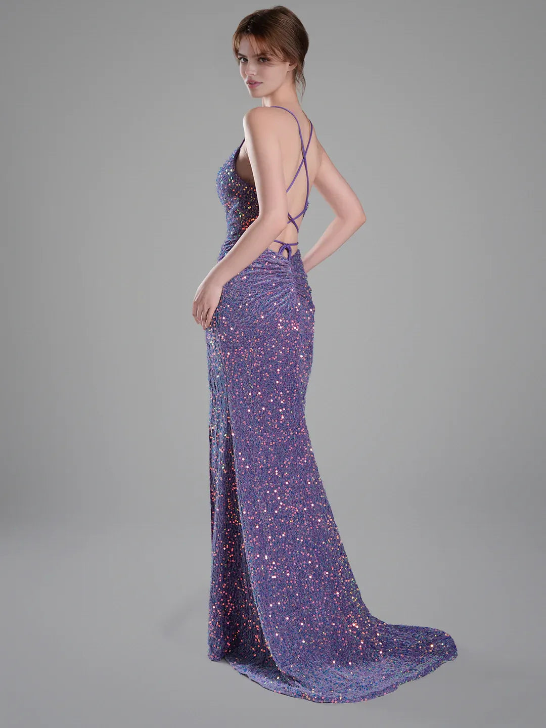 Lilac mermaid floor-length formal dress with sequins, alternate view showing the waist