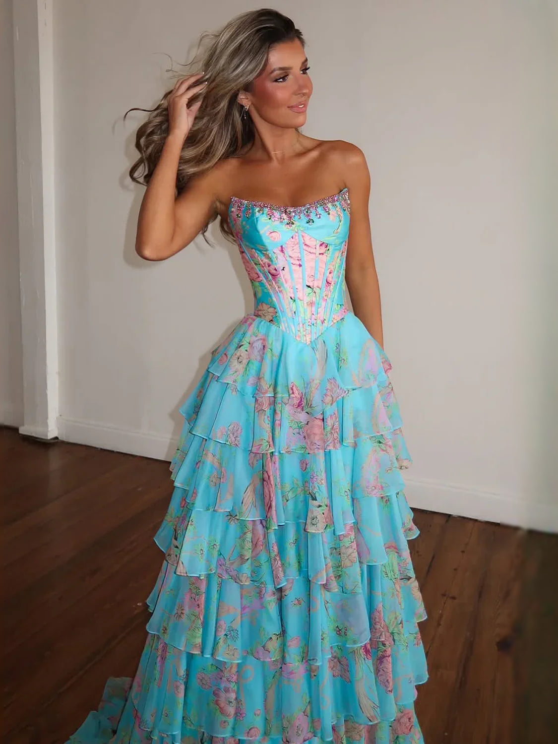 Aqua floor-length prom dress, alternate view showing the overall dress design