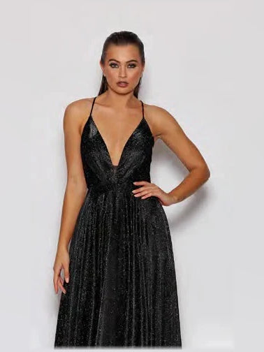 Black maxi prom dress, back view showing the rear of the dress