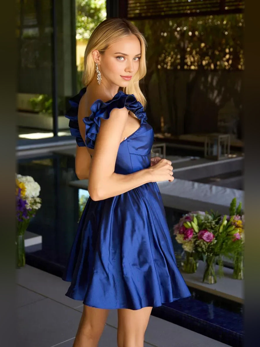 Dark Blue mini homecoming dress, alternate view showing the overall dress design