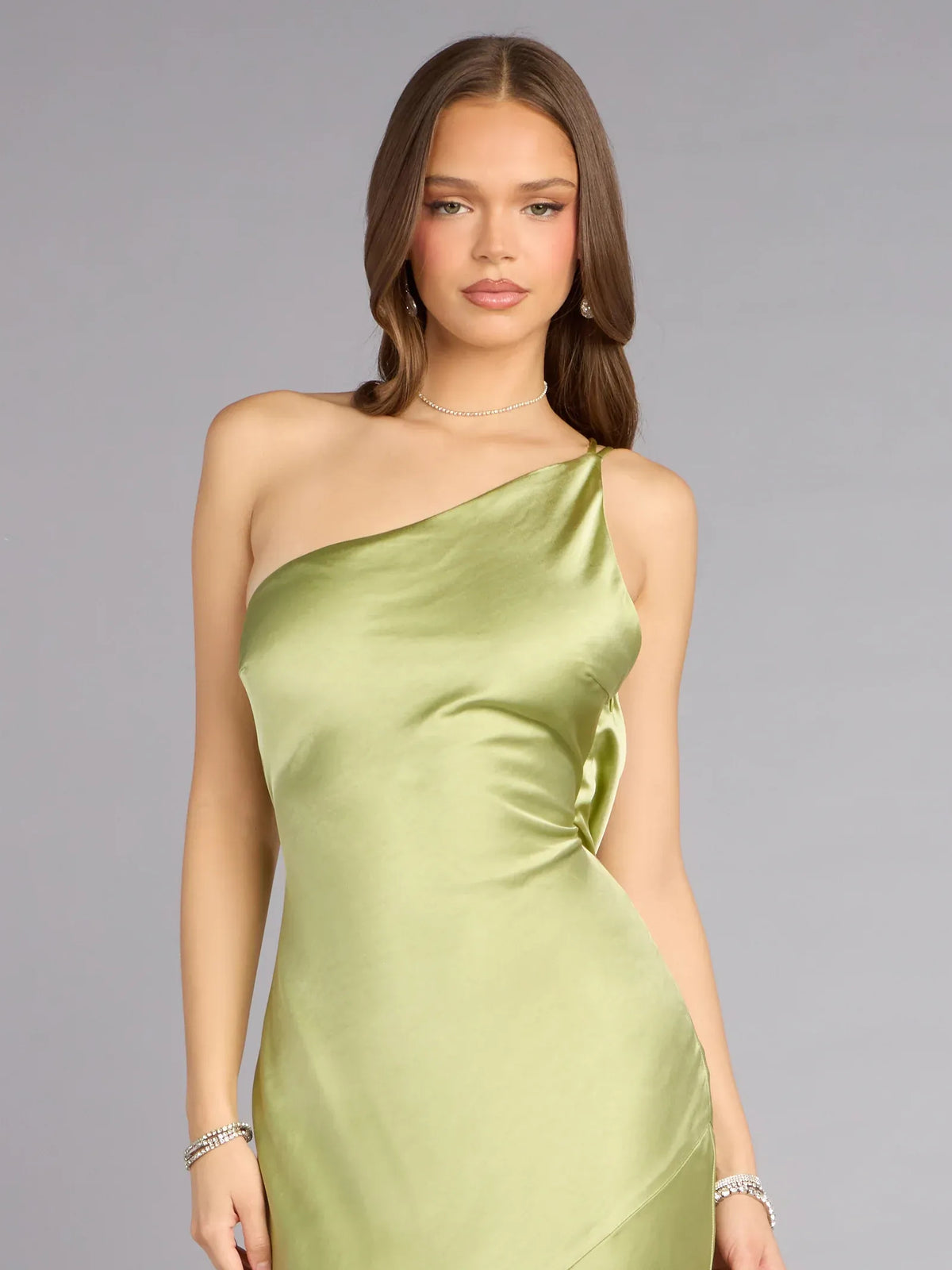 Sage Green maxi prom dress, back view showing the rear of the dress in an additional pose
