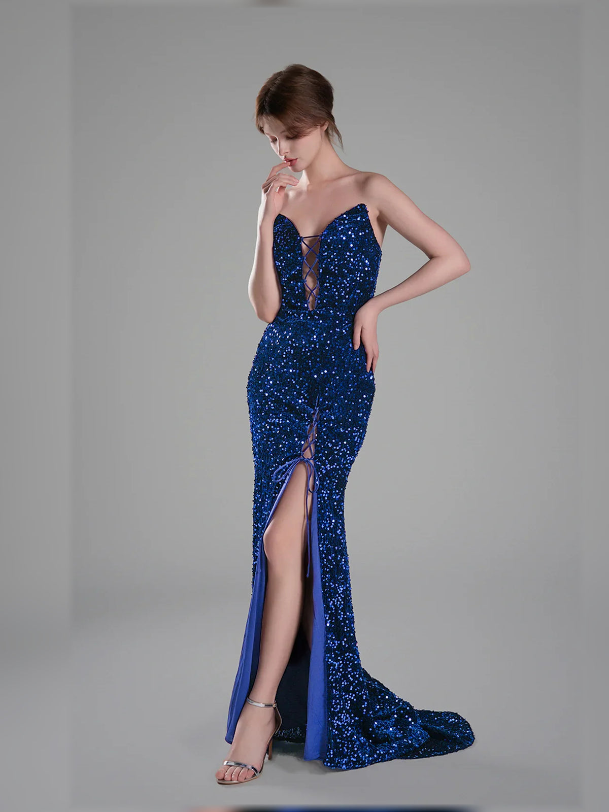 Dark Blue mermaid floor-length formal dress with sequins, alternate view