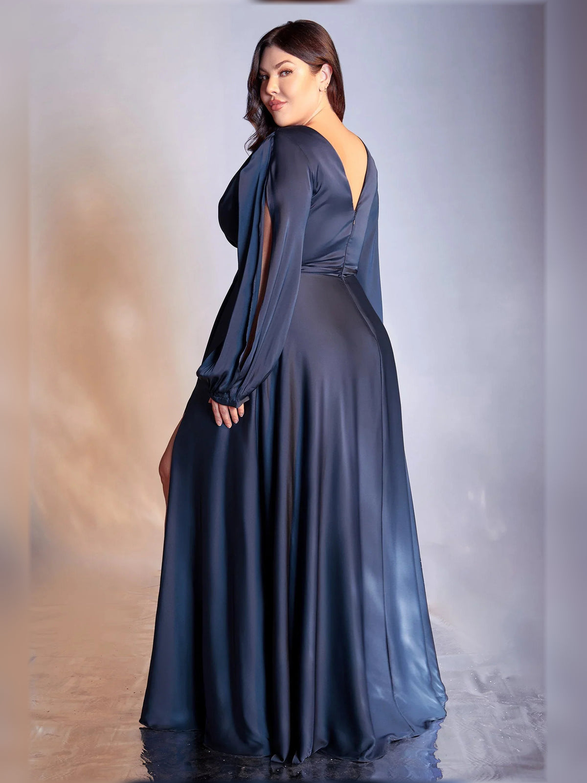 Nude a-line floor-length formal dress with pleated skirt, alternate view