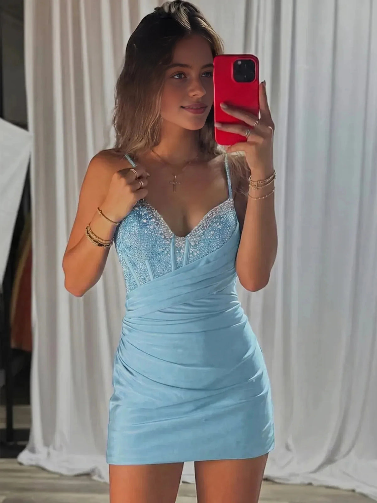 Sky Blue mini homecoming dress, alternate view showing the overall dress design