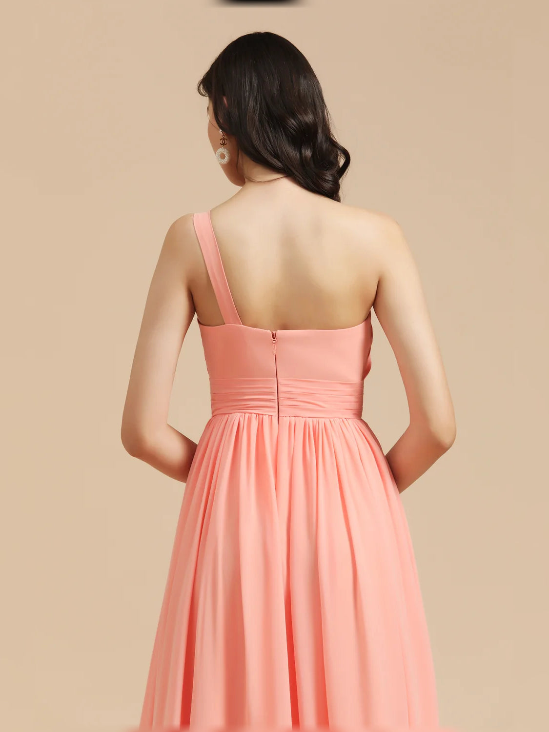 Coral floor-length bridesmaid dress, alternate view showing the overall dress design