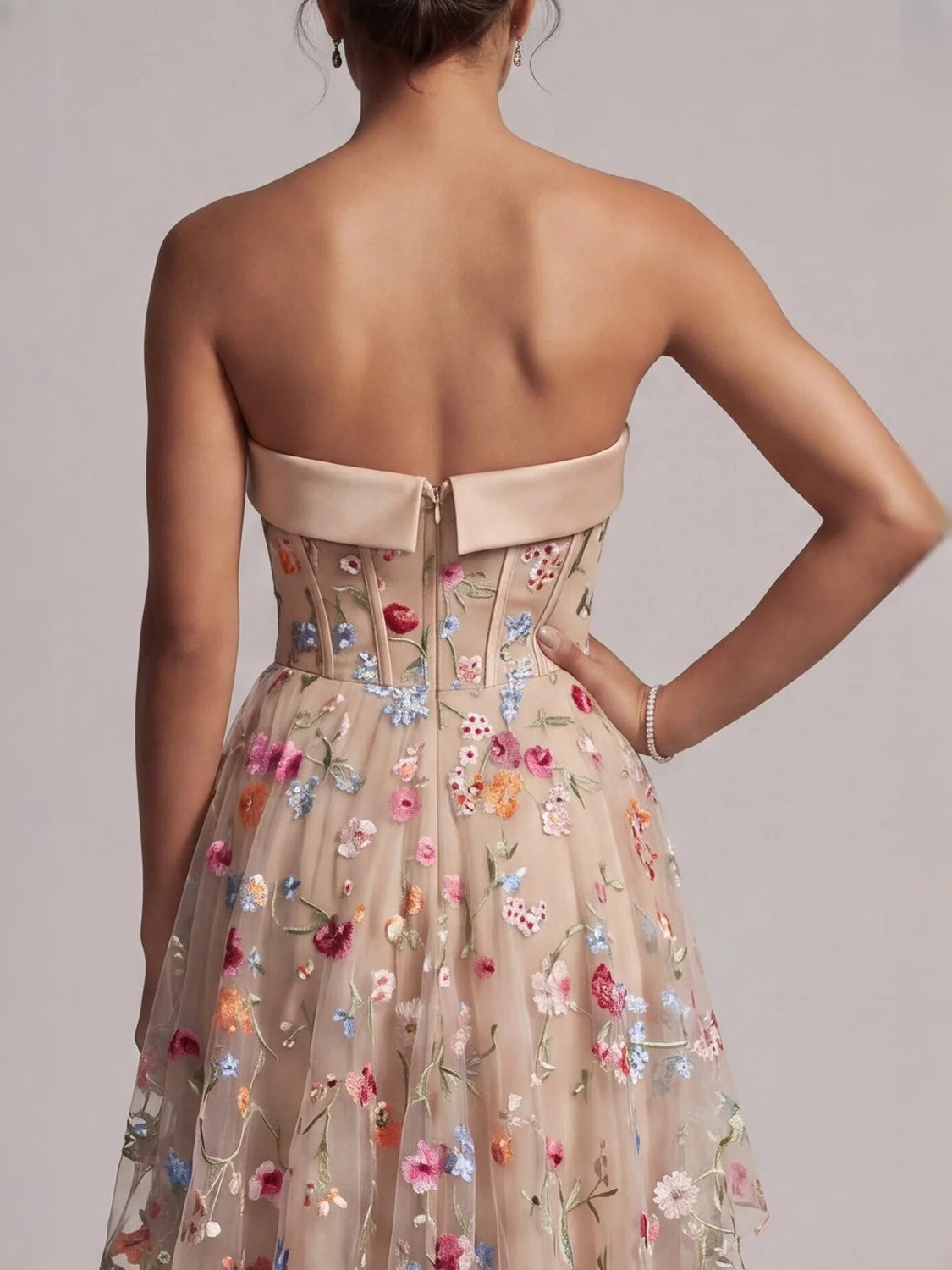 Rose Gold high-low prom dress, alternate view showing the overall dress design