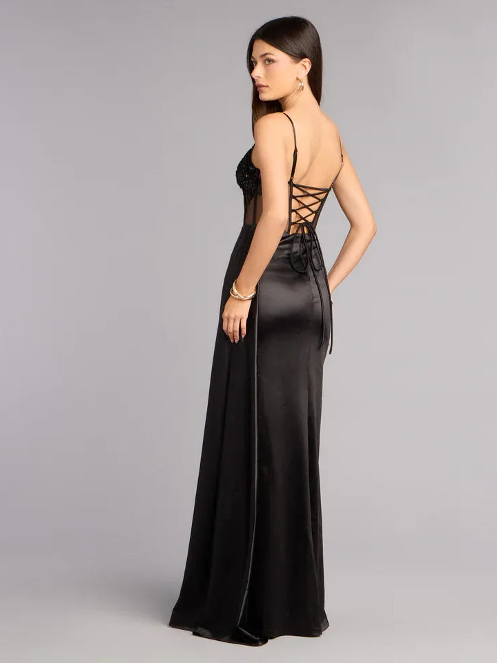 Pink sheath floor-length formal dress with corset-style bodice, alternate view