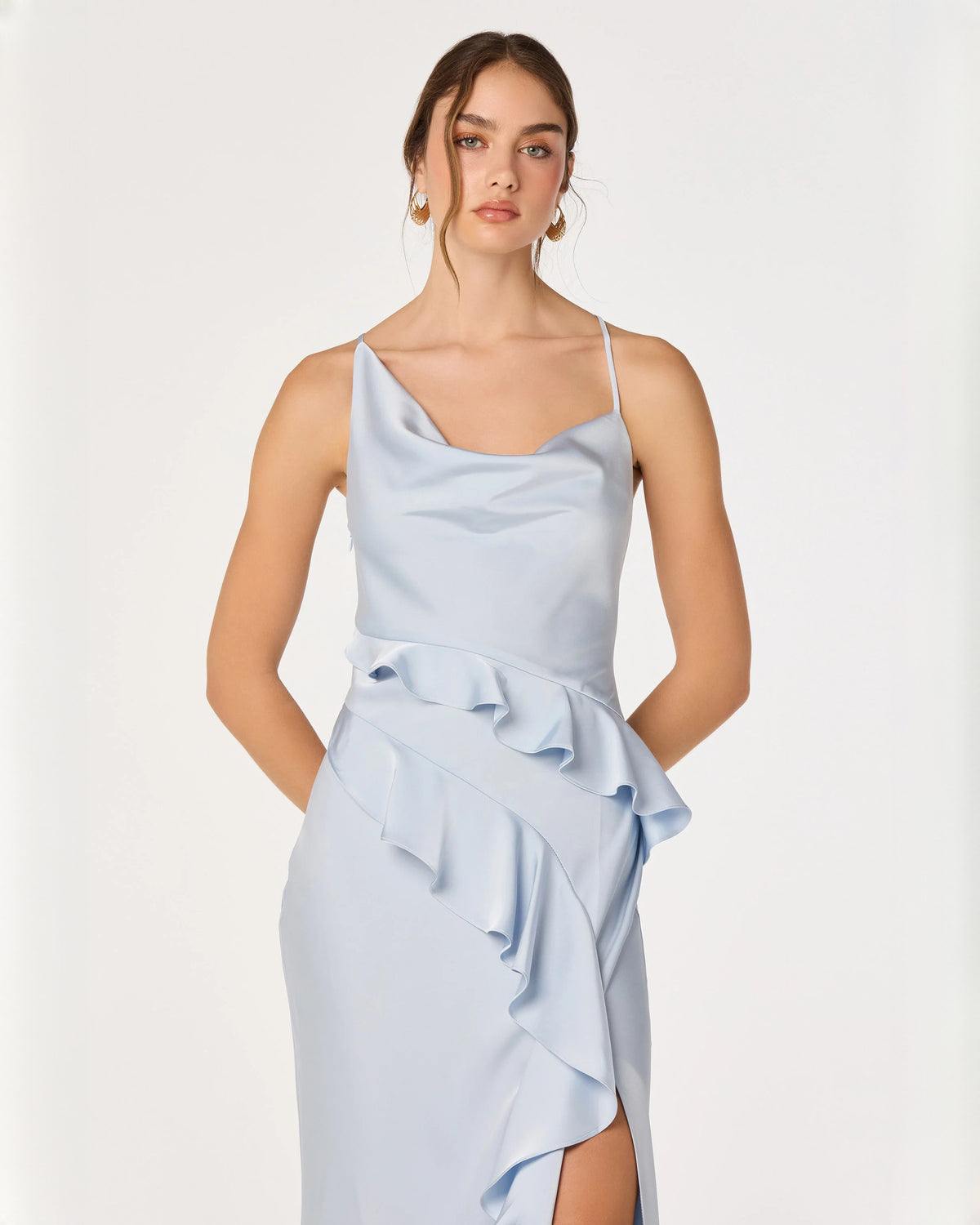 sleeveless structured satin a-line maxi bridesmaid dress - image 4