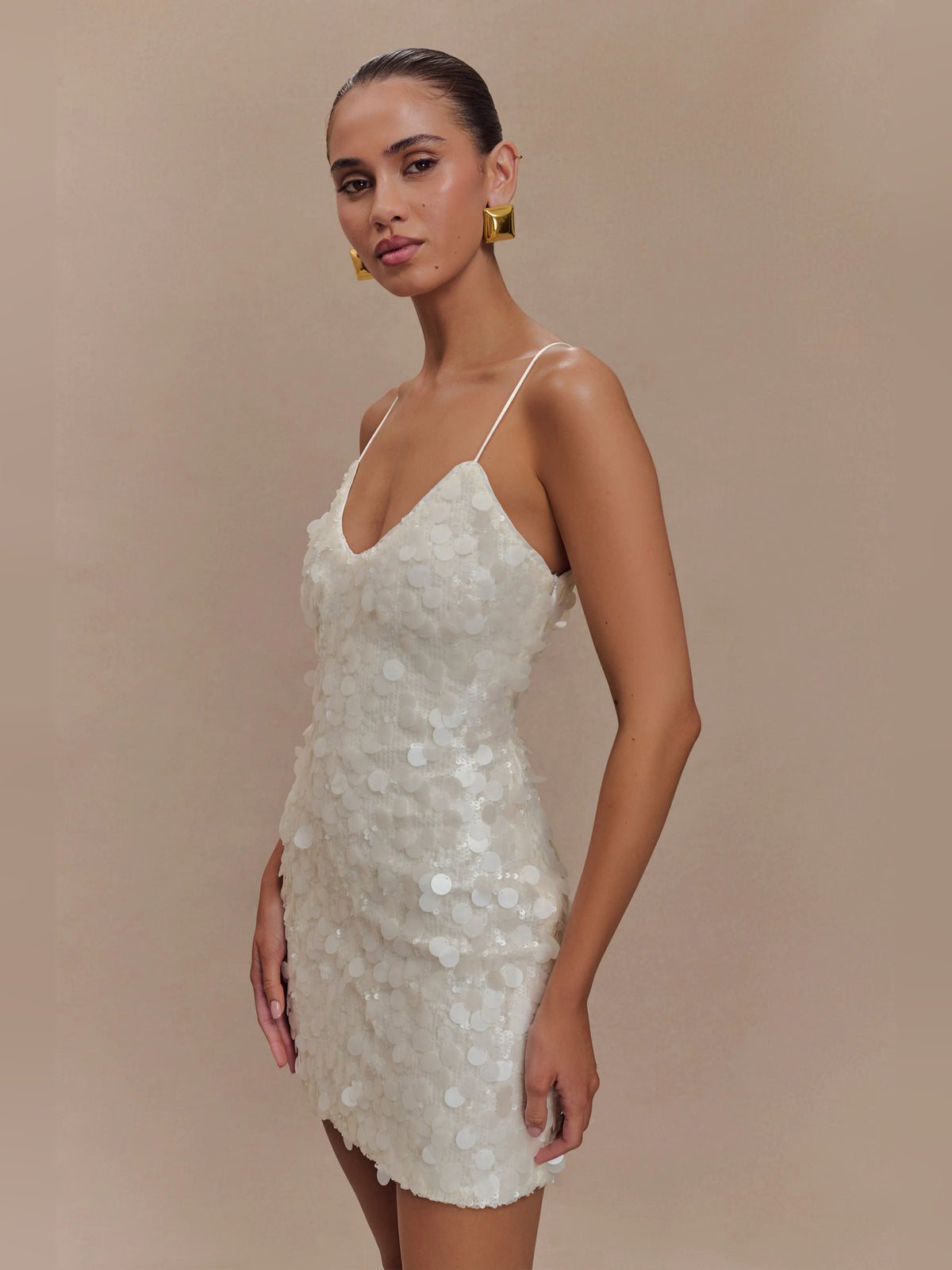 Ivory mini homecoming dress, alternate view showing the overall dress design