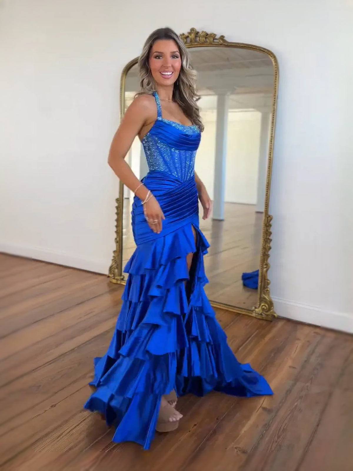 Cobalt Blue floor-length prom dress, alternate view showing the overall dress design
