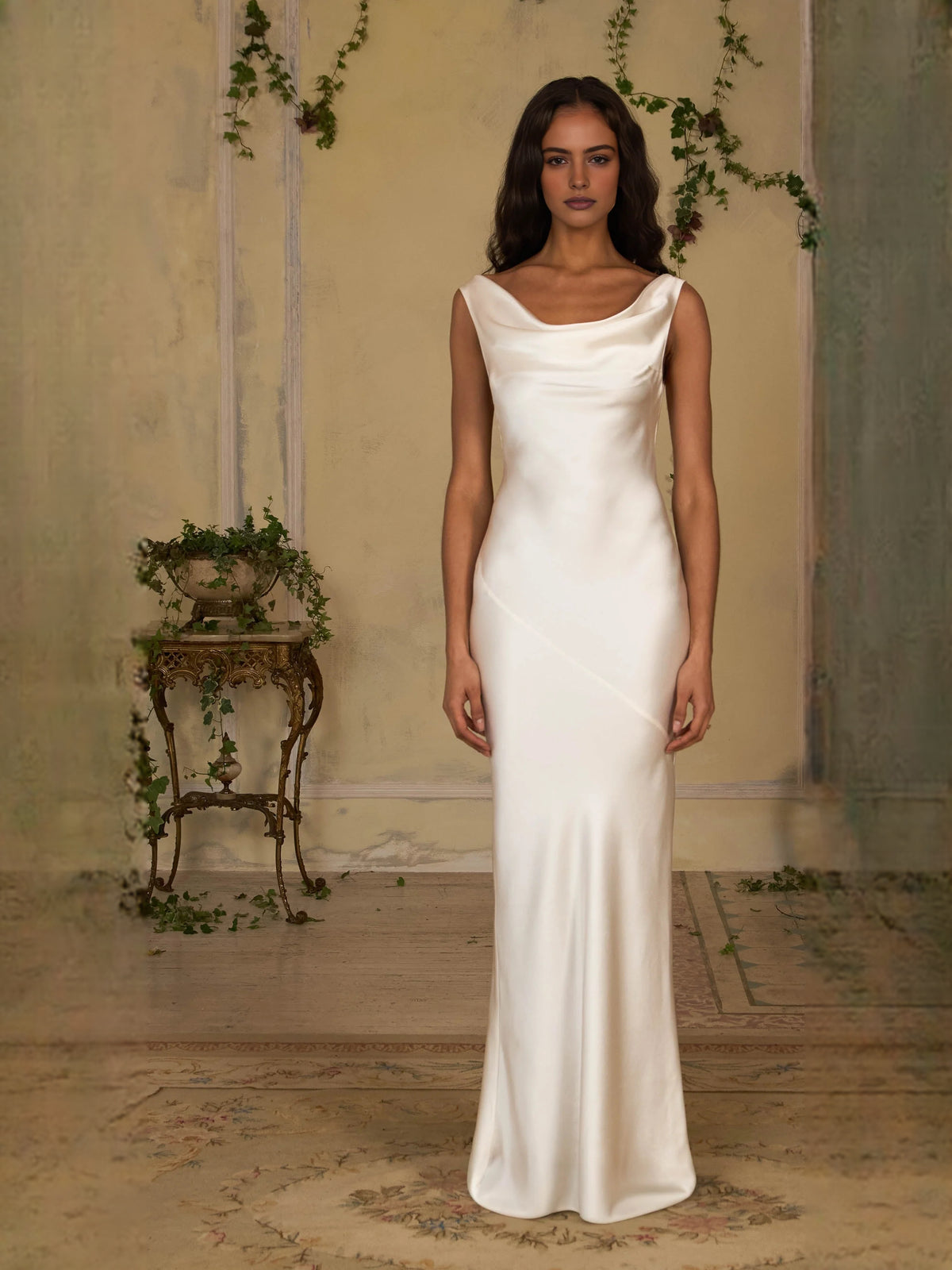 Ivory white maxi prom dress, alternate view showing the overall dress design